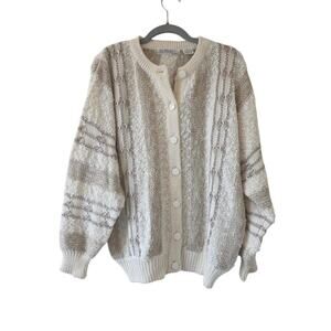 Le Moda Vintage Cardigan Large Cream Textured Chunky Knit Sweater